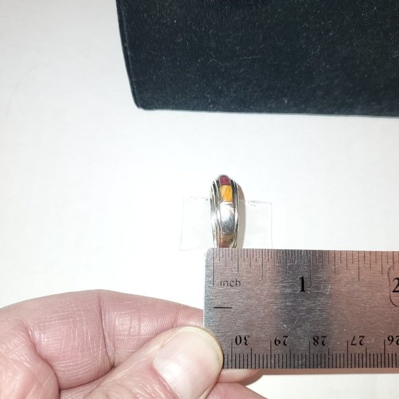 Native American Wide turquoise  & spiny oyster Inlay Ring Signed I J - Picture 6 of 11